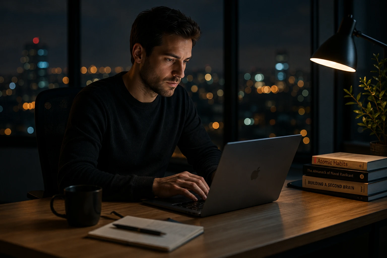 Operator working late at a desk with a laptop, notebook and a small shelf of books, city lights behind the window