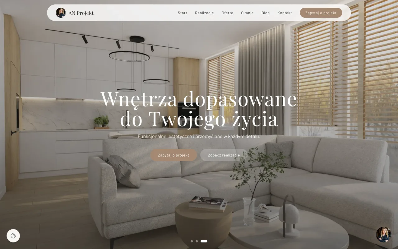 Homepage of anprojekt.com.pl, an interior design studio, bright living-room render