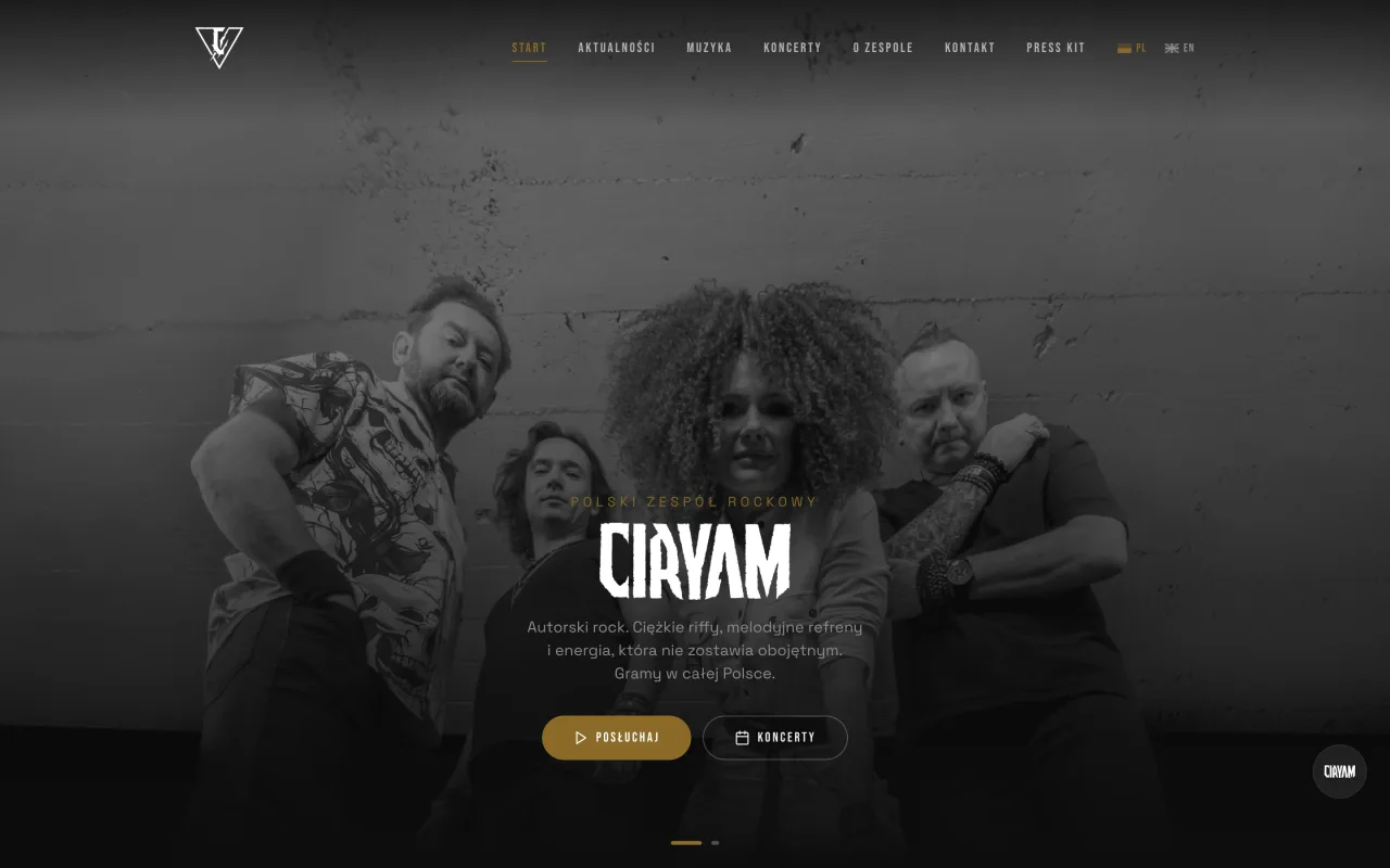 Homepage of ciryam.eu, a Polish rock band site, dark hero with the band photo
