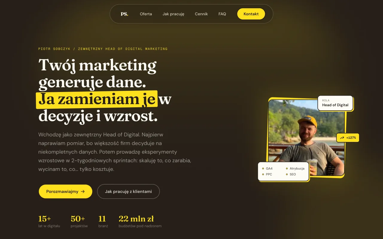 Homepage of sobczyk.io, a fractional Head of Digital Marketing, dark hero with yellow accents